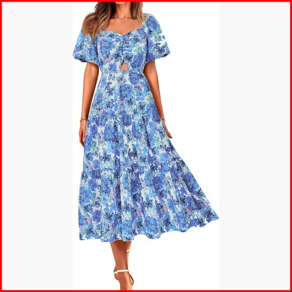 Dresses & Skirts - Women's Maxi Dress Boho Floral Smocked Back Short Sleeve Summer Casual